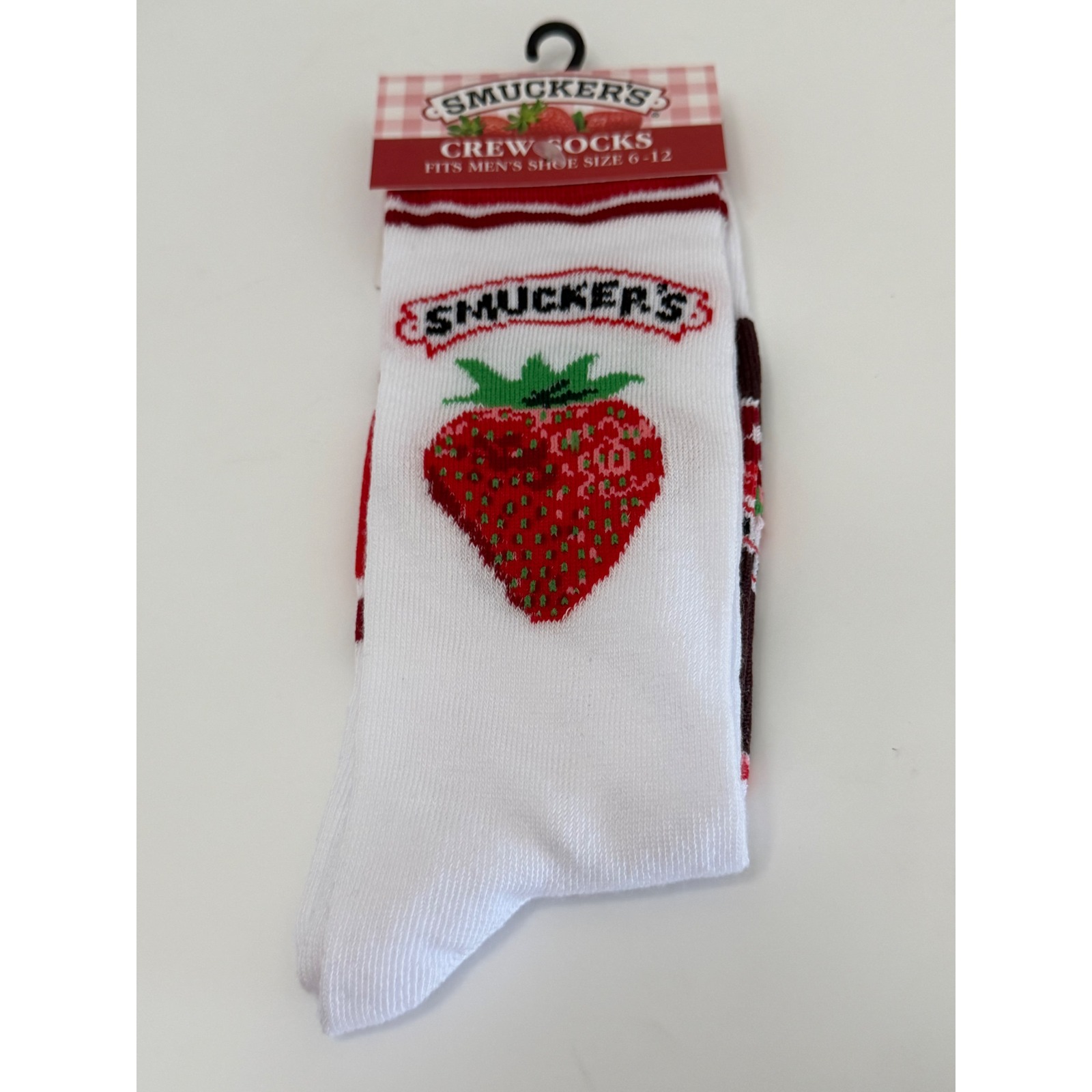Smuckers Strawberry Jam Crew Socks Mens Shoe Size 6-12 White Red Odd Sox Novelty